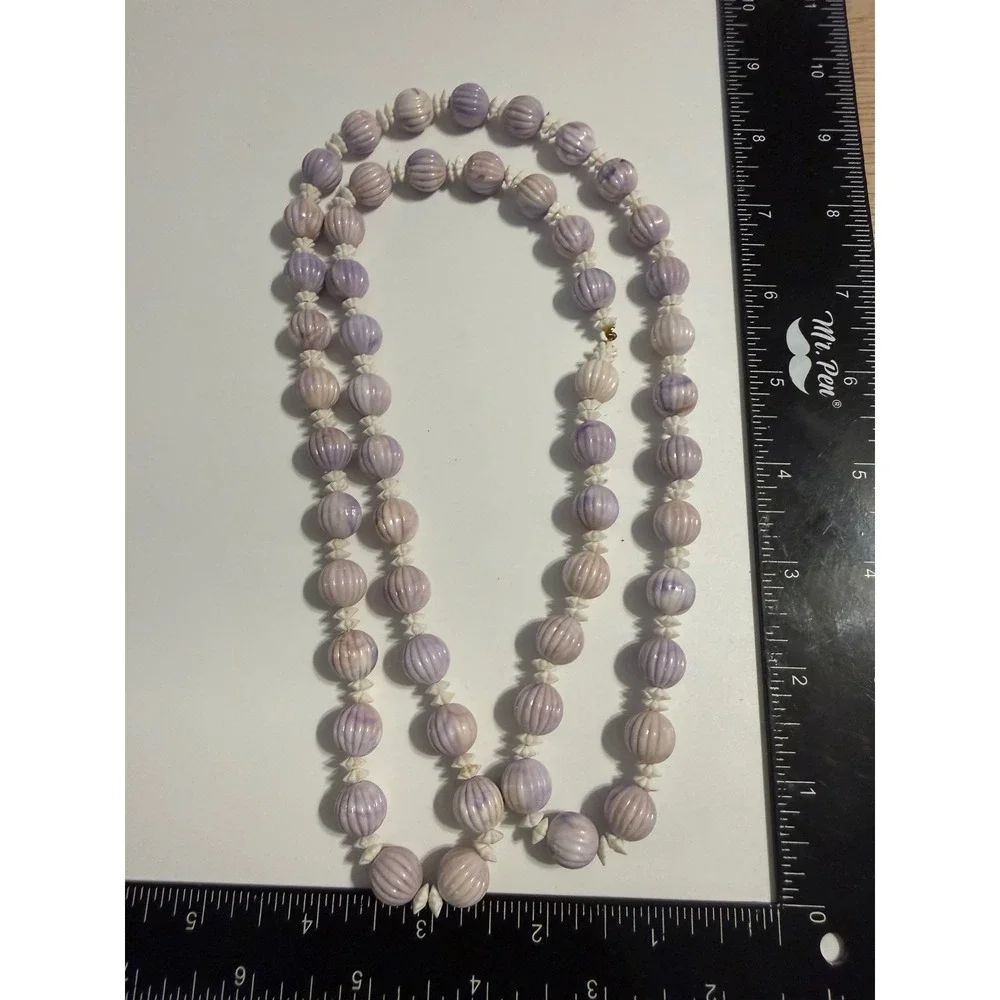 Vintage‎ Purple White Fluted Bead Necklace Long Strand Melon Beads 30 Inch